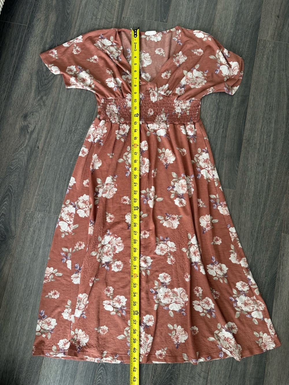 Terracotta Floral V-Neck Smocked Waist Flutter Sleeve Flowy Midi Dress Boho Chic - Picture 5 of 7